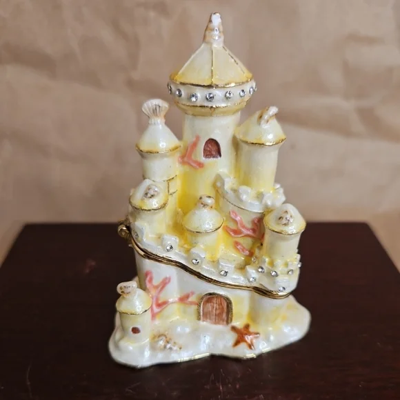Jeweled Swarovski Enamel Yellow Sandcastle Trinket Box - Picture 1 of 7